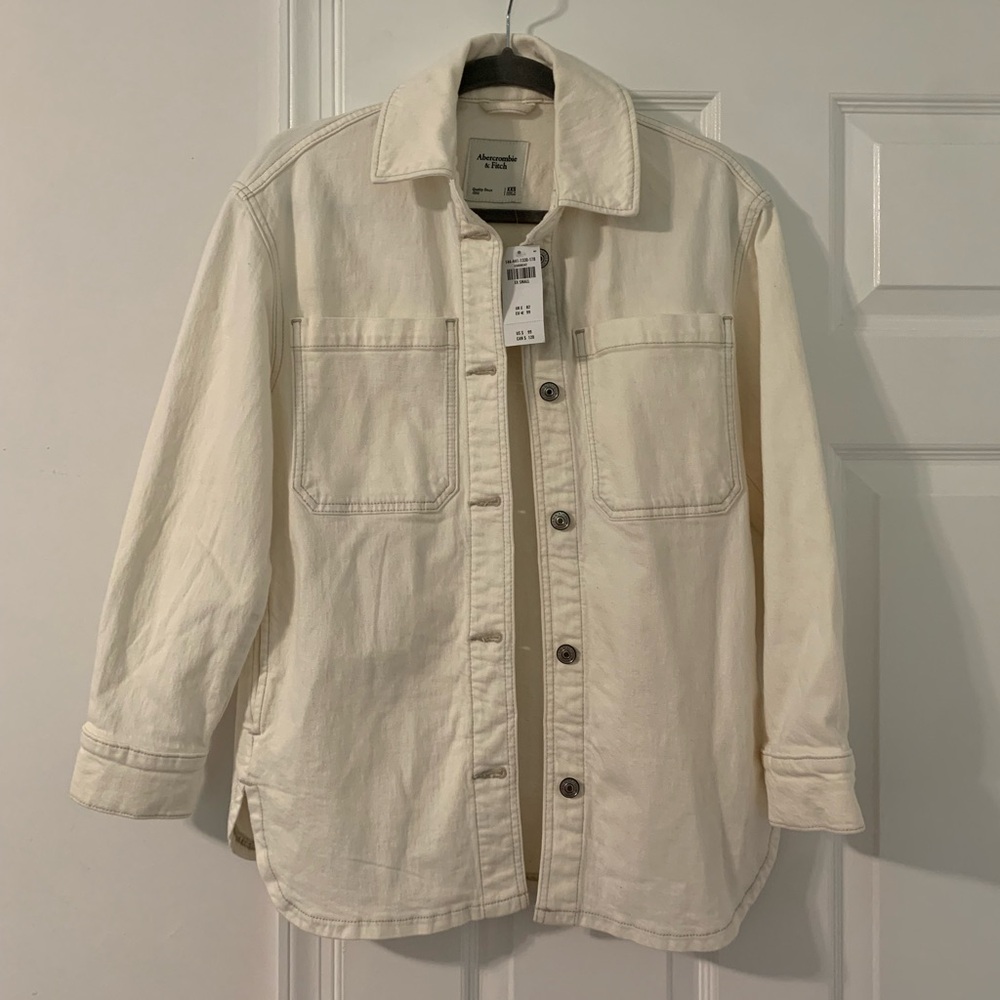 NWT Abercrombie & Fitch Cream White Denim Jacket Full Length Size XXS